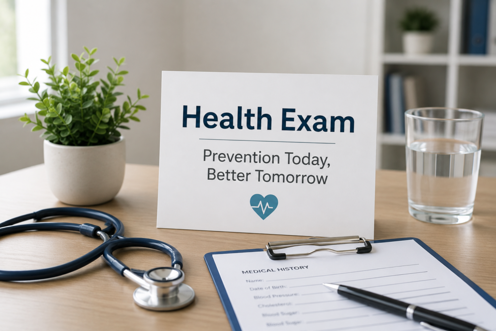 Medical desk setup with stethoscope, health exam sign, and medical form representing preventive health screening and regular health assessment.