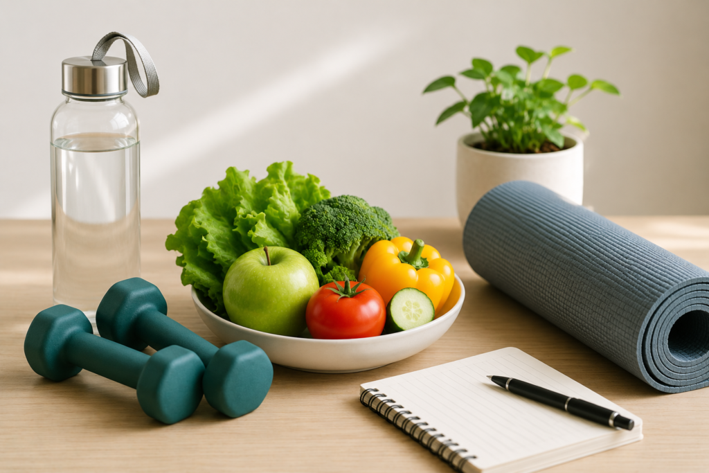 Minimal wellness setup featuring a bowl of fresh vegetables, fitness equipment, water bottle, yoga mat, notebook, and plant symbolizing healthy daily habits and active living.