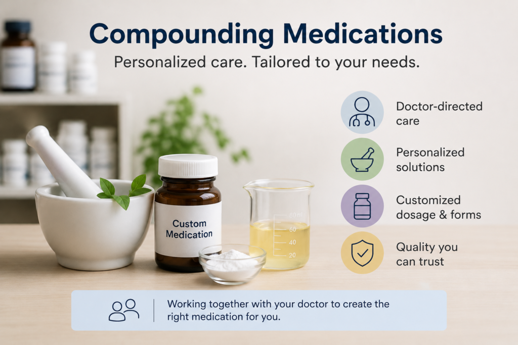 Personalized compounding medication setup with medicine bottles, prescription tools, and healthcare symbols representing customized treatments and patient-focused care.
