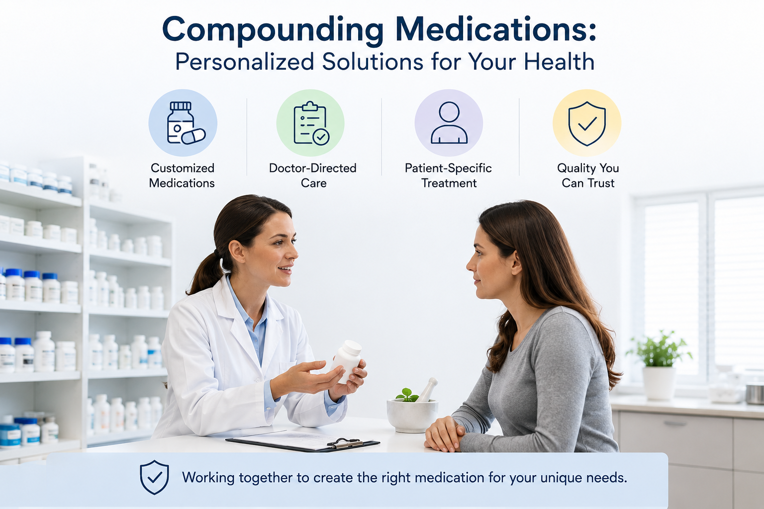 Compounding medications concept showing a doctor and patient discussing personalized treatment options with medication icons, customized care, and pharmacy support.