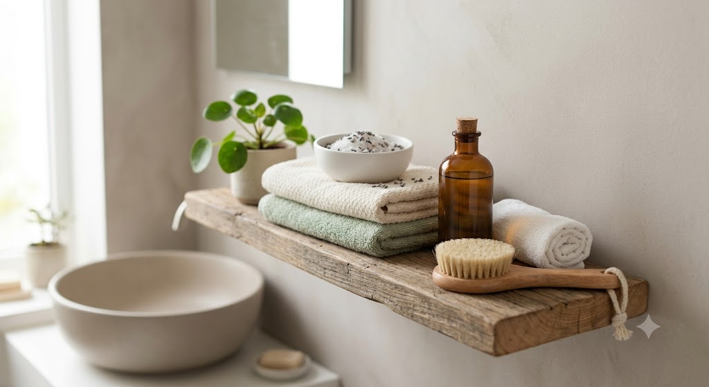 A serene, minimalist bathroom scene featuring a rustic wooden floating shelf mounted on a light beige wall. On the shelf sits a small potted plant with round green leaves, a white ceramic bowl filled with bath salts and dried lavender, a stack of neatly folded cream and light green hand towels, an amber glass bottle with a cork stopper, and a dry body brush alongside a rolled white washcloth. A ceramic sink basin rests softly blurred in the background next to a bright window.