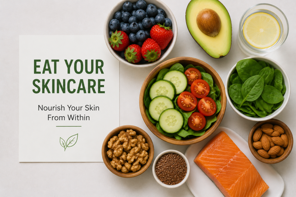 Flat lay of skincare-friendly foods including avocado, berries, spinach, salmon, nuts, and lemon water with an “Eat Your Skincare” message promoting skin health from within.