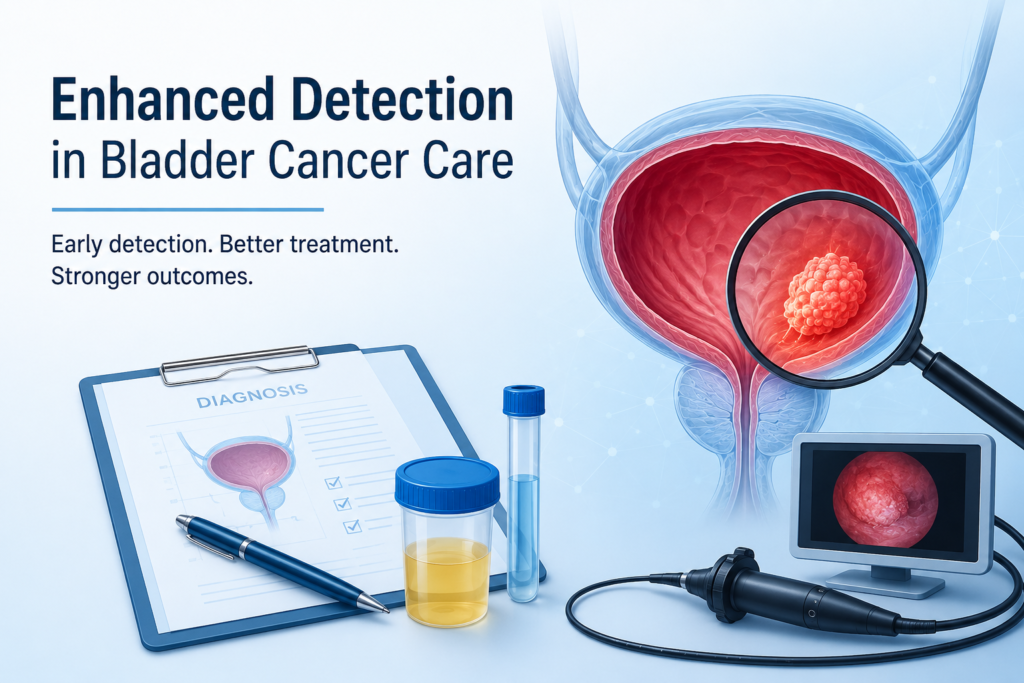 Enhanced Detection in Bladder Cancer Care showing advanced medical diagnosis technology, bladder examination, cancer detection process, and early treatment support.