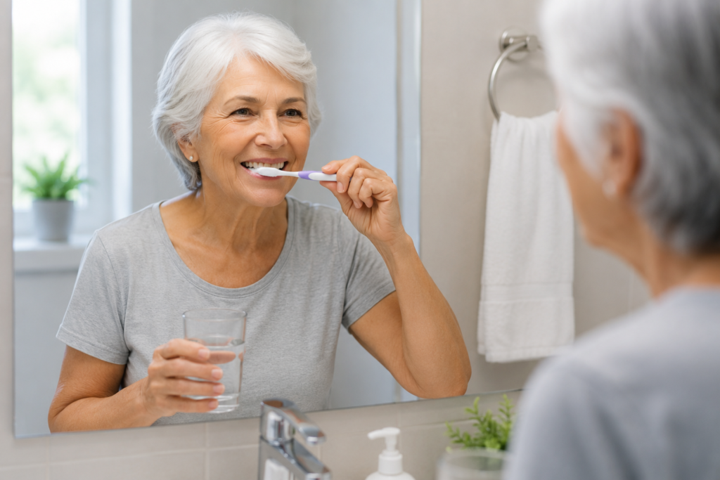 Smiling older woman brushing her teeth in a bright bathroom while holding a glass of water, promoting healthy oral hygiene habits and senior dental health.