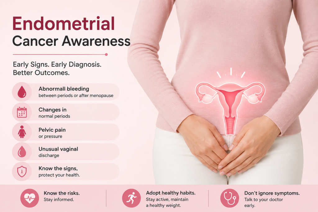 Endometrial cancer awareness infographic showing a woman’s health illustration with warning signs like abnormal bleeding, pelvic pain, and early detection information.