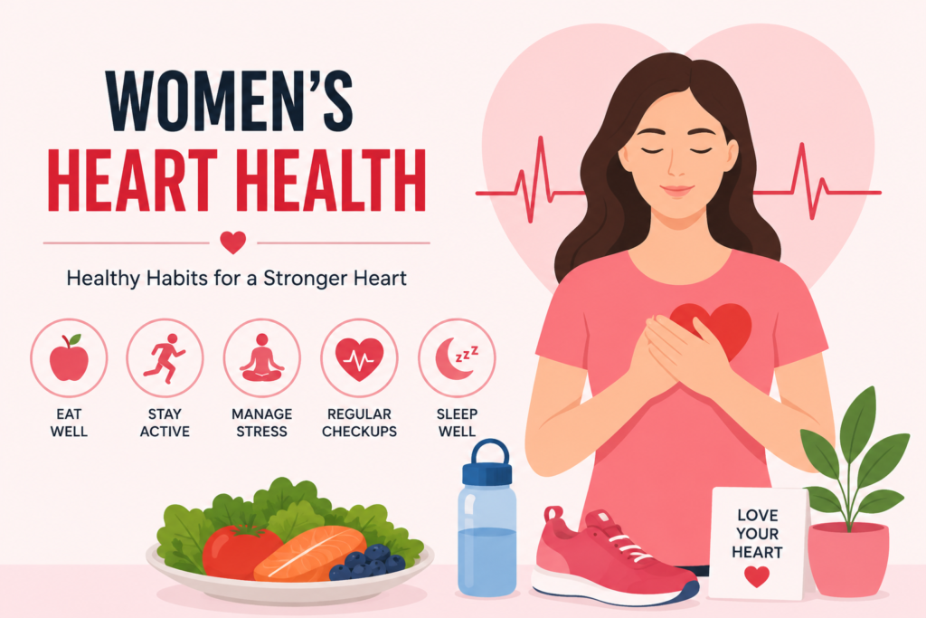 Women's heart health infographic showing healthy habits such as nutrition, exercise, stress management, and regular heart checkups.