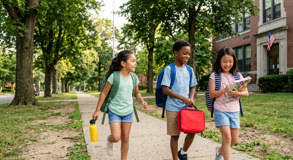 Three smiling, diverse elementary school students wearing backpacks walk together along a sunny sidewalk outside their school building. A young girl on the left carries a yellow reusable water bottle, a boy in the middle happily holds a red lunchbox, and a girl on the right laughs while holding a colorful notebook.