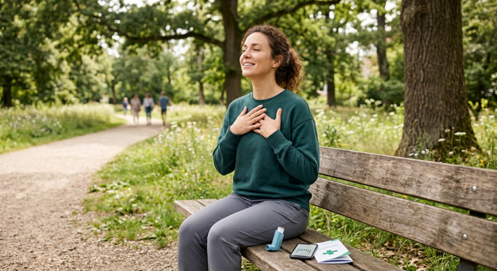 A serene outdoor scene featuring a smiling woman with curly hair tied back, sitting on a wooden park bench and breathing deeply with her hands placed over her heart. On the bench next to her lies a blue asthma inhaler, a smartphone showing health data charts, and an educational medical brochure, with a sunny green path and trees blurred in the background.