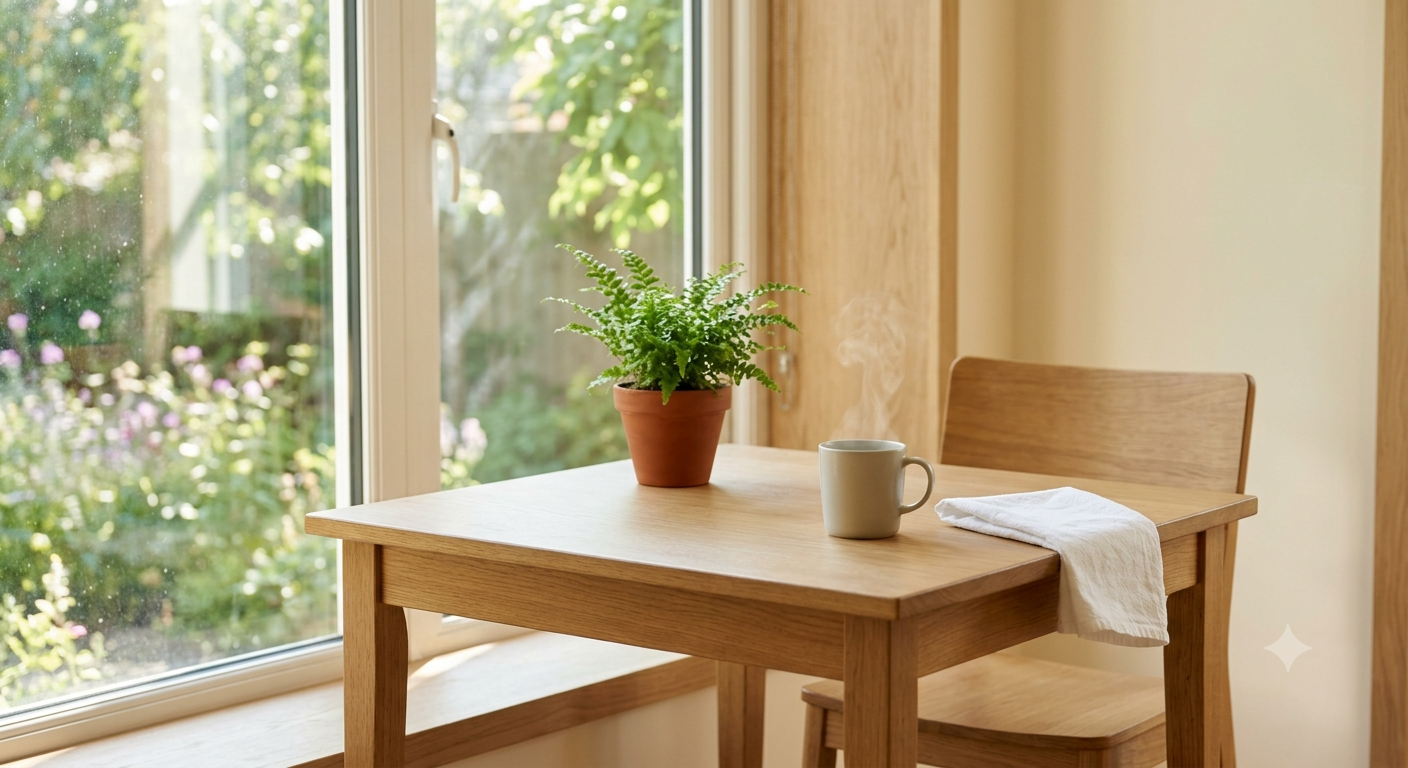 A calm, bright indoor setting featuring a simple wooden dining table placed next to a large window overlooking a lush green garden. On the table sits a vibrant green potted fern in a terracotta pot, a steaming mug of hot tea or coffee, and a neatly folded white cloth napkin placed over a wooden chair.