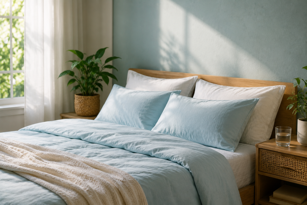 Neatly arranged breathable bedding with lightweight cotton sheets and soft pillows in a bright, airy bedroom designed for cooler summer sleep.