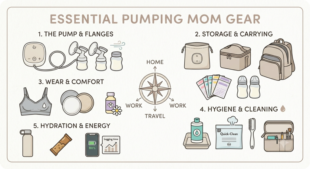 Line art infographic of essential pumping mom gear categorized into five numbered sections for breast pump parts, milk storage, comfort items, cleaning, and hydration.