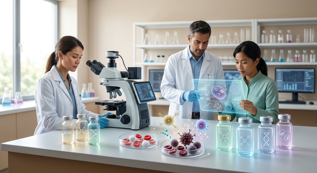 Scientists analyzing targeted cellular pathways and blood cell samples in a modern laboratory, demonstrating innovative blood cancer research to advance personalized medical treatments for leukemia and lymphoma patients.