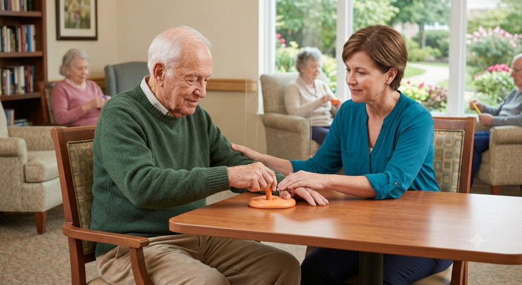 Senior man sitting at a table practicing hand dexterity exercises with a female occupational therapist.