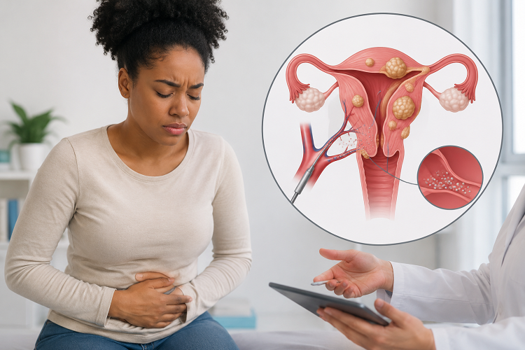 Woman experiencing pelvic pain while consulting a doctor about uterine fibroids and minimally invasive treatment.