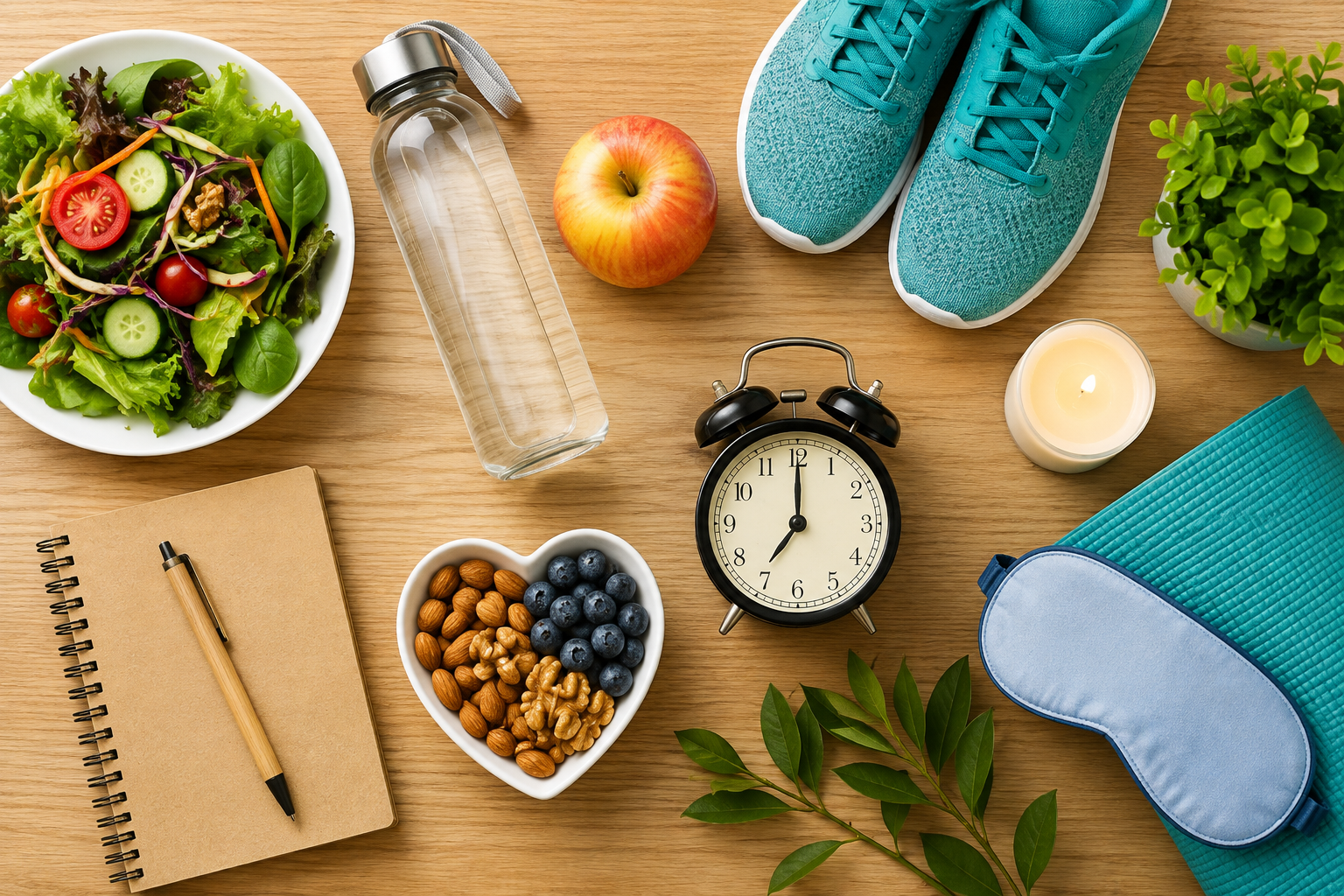 Healthy daily habits represented by fresh salad, water bottle, running shoes, yoga mat, nuts, notebook, and sleep essentials on a wooden table.