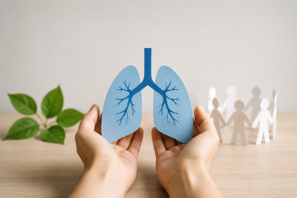 Pulmonary arterial hypertension awareness concept featuring a paper lung held in supportive hands with symbols of community and wellness in the background.