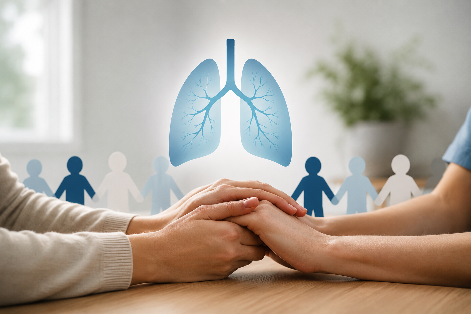 Pulmonary arterial hypertension support concept showing caring hands and a lung symbol representing patient care and community support.
