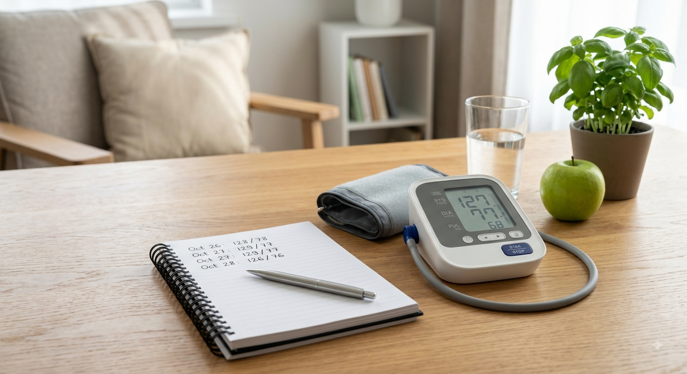 Track habits to lower blood pressure using a home digital monitor, logging daily readings in a notebook alongside a fresh green apple and water.