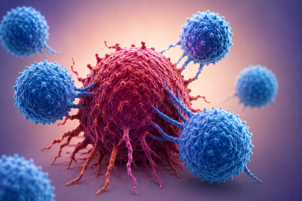 3D medical illustration showing immune cells targeting a cancer cell as part of personalized cancer immunotherapy research.