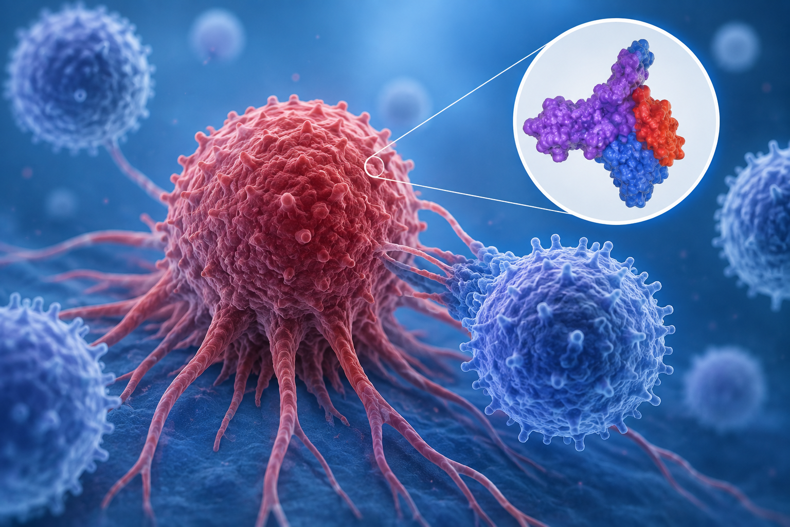 Scientific visualization of immune cells attacking a tumor cell, representing advances in personalized cancer treatment and neoantigen therapy.