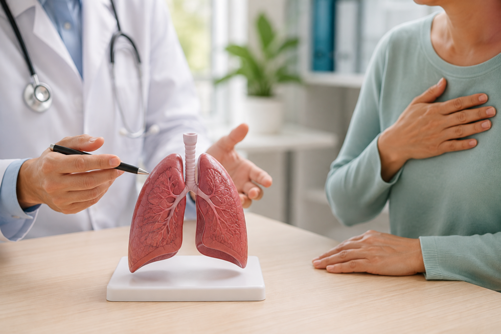 Doctor explaining lung health using an anatomical lung model to discuss pneumococcal pneumonia.