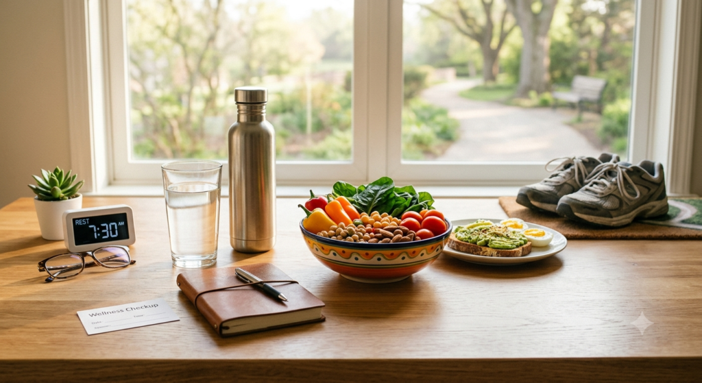 Five illustrations of simple healthy habits like sleeping, drinking water, and moving are arranged on a wooden desk.
