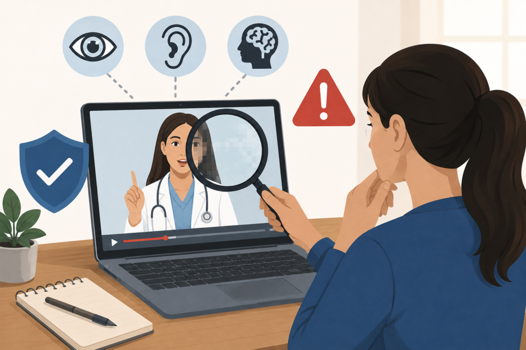 A woman uses a magnifying glass to spot AI health videos and verify online medical information on a laptop.