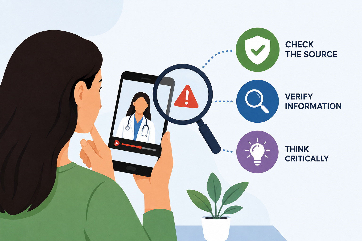 A woman examines a medical video on her smartphone to spot AI health videos and identify potentially misleading health information.