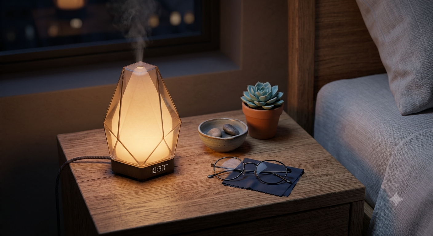 Nightstand with warm lighting and diffuser illustrating how to avoid common sleep myths.