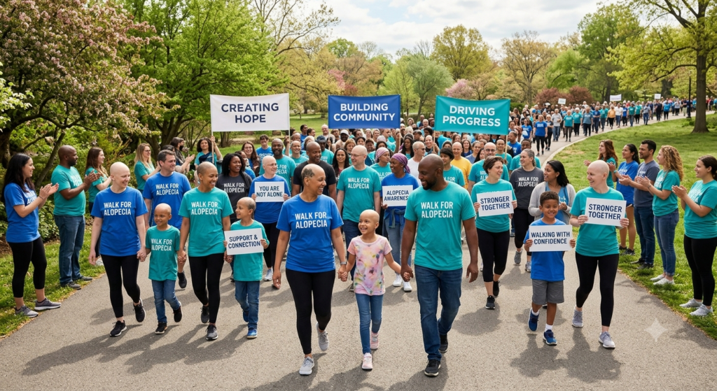 A group of adults and children participate in the Walkfor Alopecia, holding hands and smiling as they walk together along a sunlit park path.