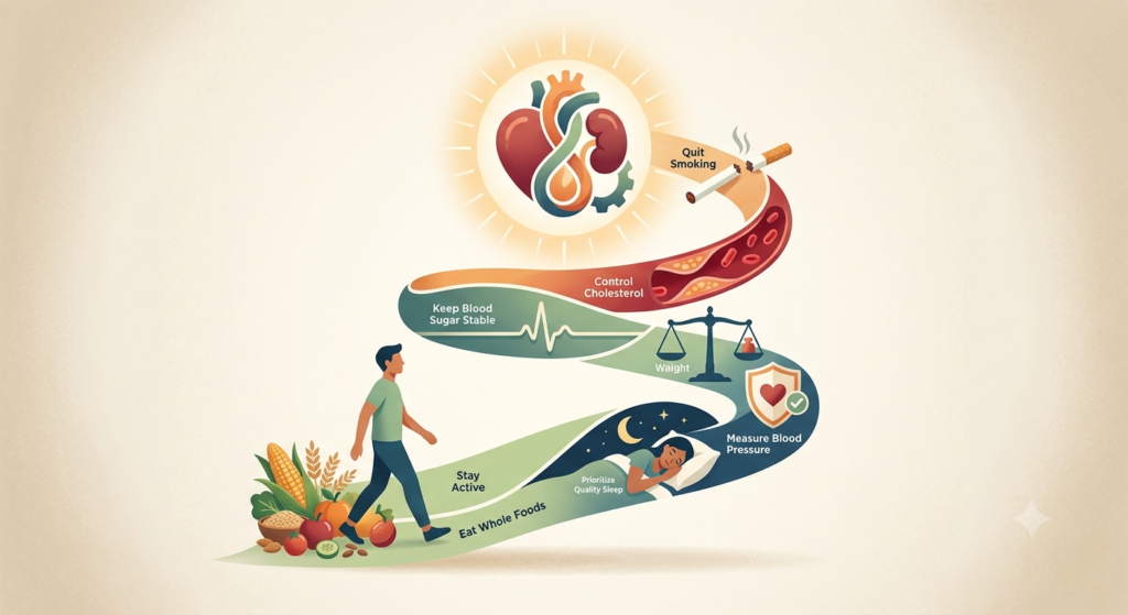 Diagram showing a person's journey on a healthy path, with intertwined organs and text highlighting positive daily health habits and specific goals.