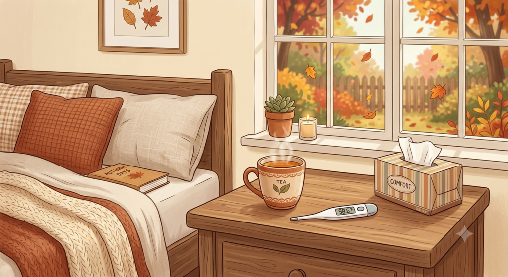 Warm cozy autumn bedside scene with hot tea, a thermometer, and tissues, highlighting home care and preparation for COVID-19 and flu season.