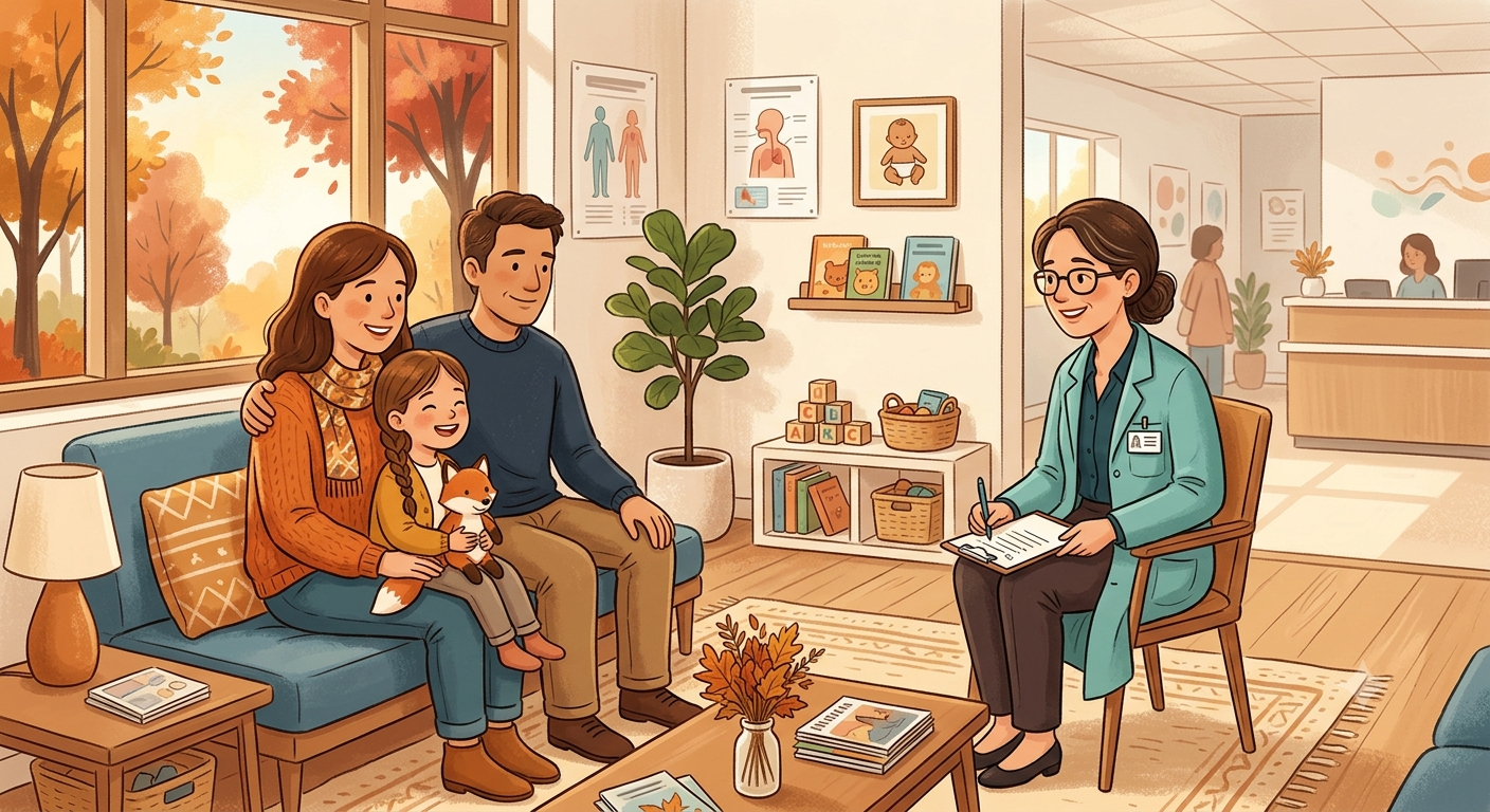 Warm illustration of a doctor consulting with a family in a clinic to discuss health risks, vaccines, and care for COVID-19 and flu.