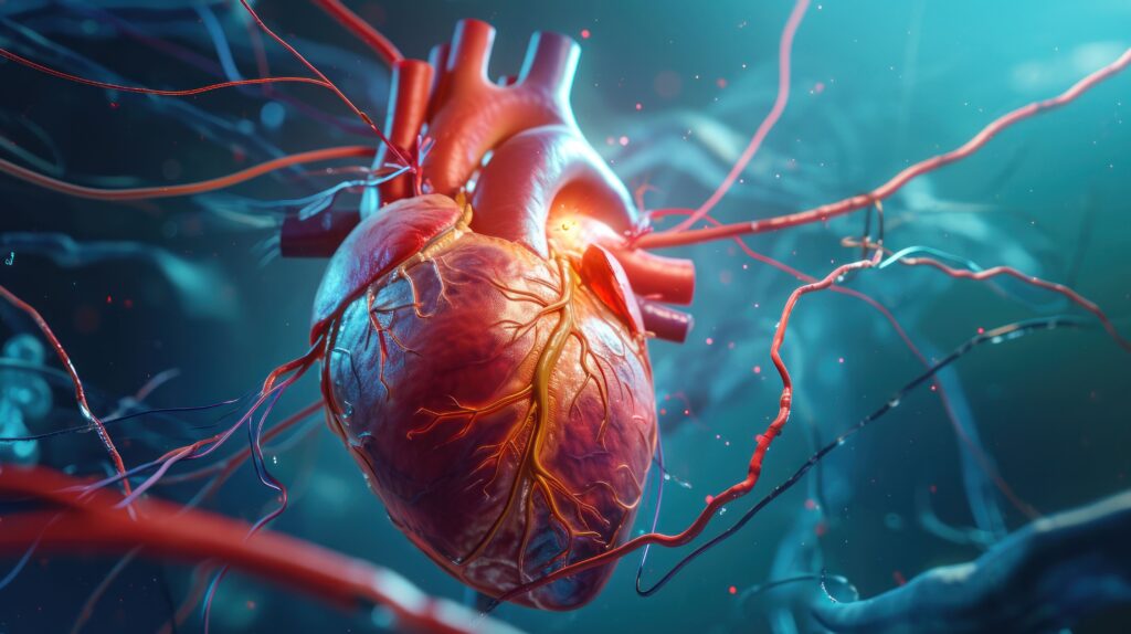 • Detailed 3D anatomical model of a human heart with surrounding blood vessels, representing health concepts in cardiovascular disease prevention.