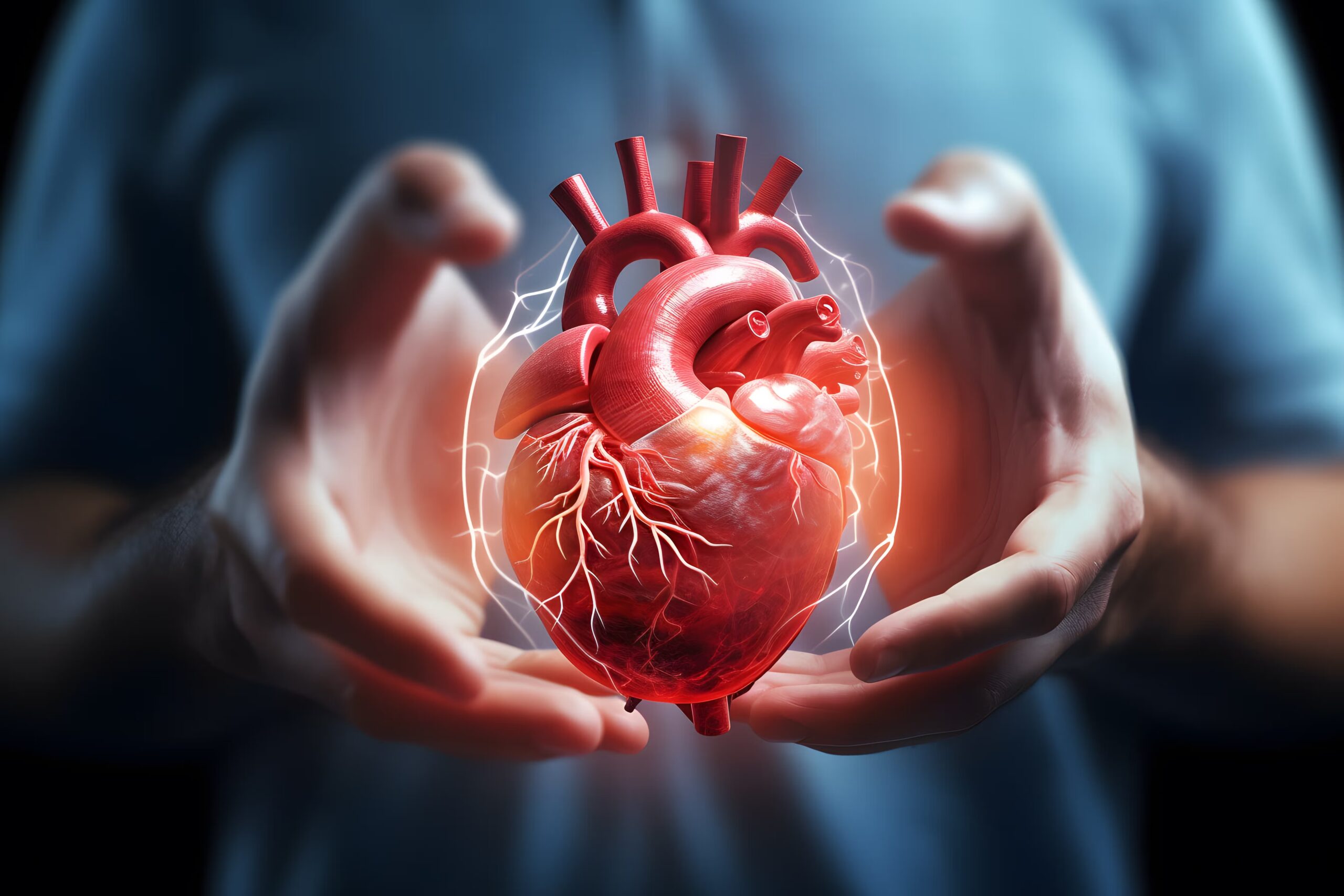 • Human hands gently cradling a glowing 3D human heart, symbolizing protective medical care and cardiovascular disease prevention.