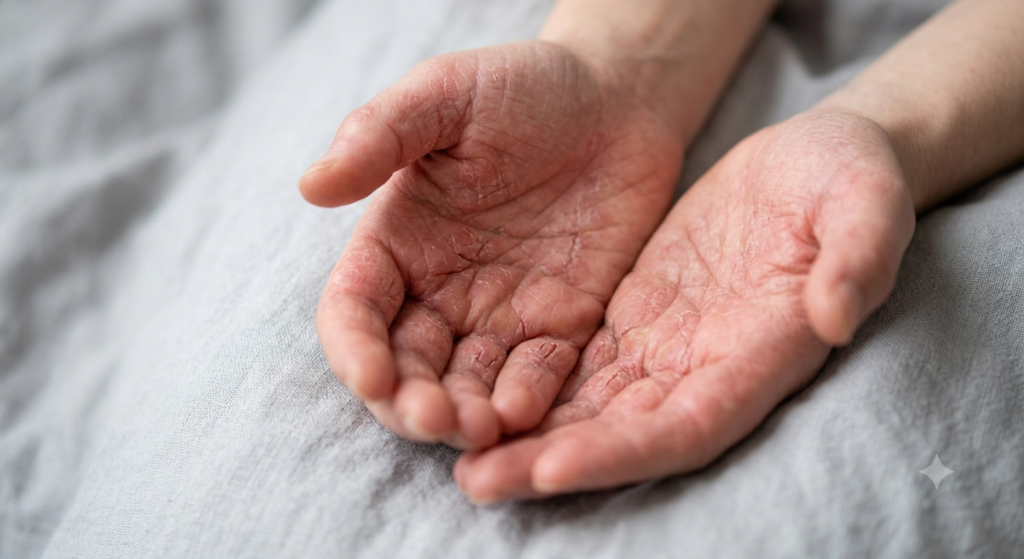 Open cupped hands displaying severe redness and peeling from chronic hand eczema flare-ups.