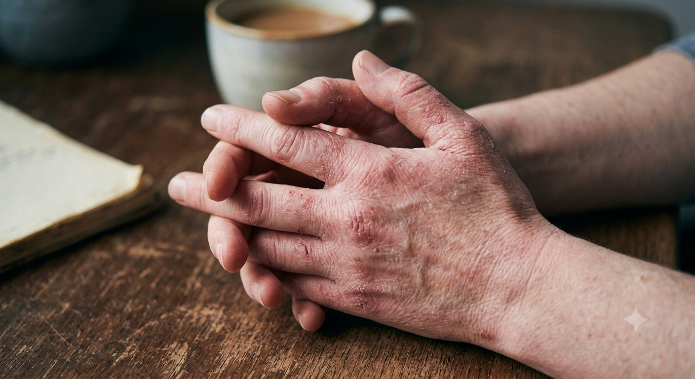 Close-up of clasped hands showing dry skin and cracks caused by chronic hand eczema.