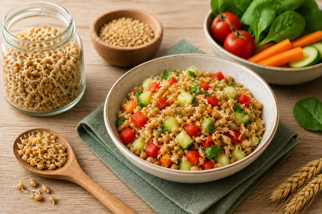 Fresh sprouted grains with colorful vegetables, wheat stalks, and sprouts arranged on a rustic wooden table for a healthy meal.