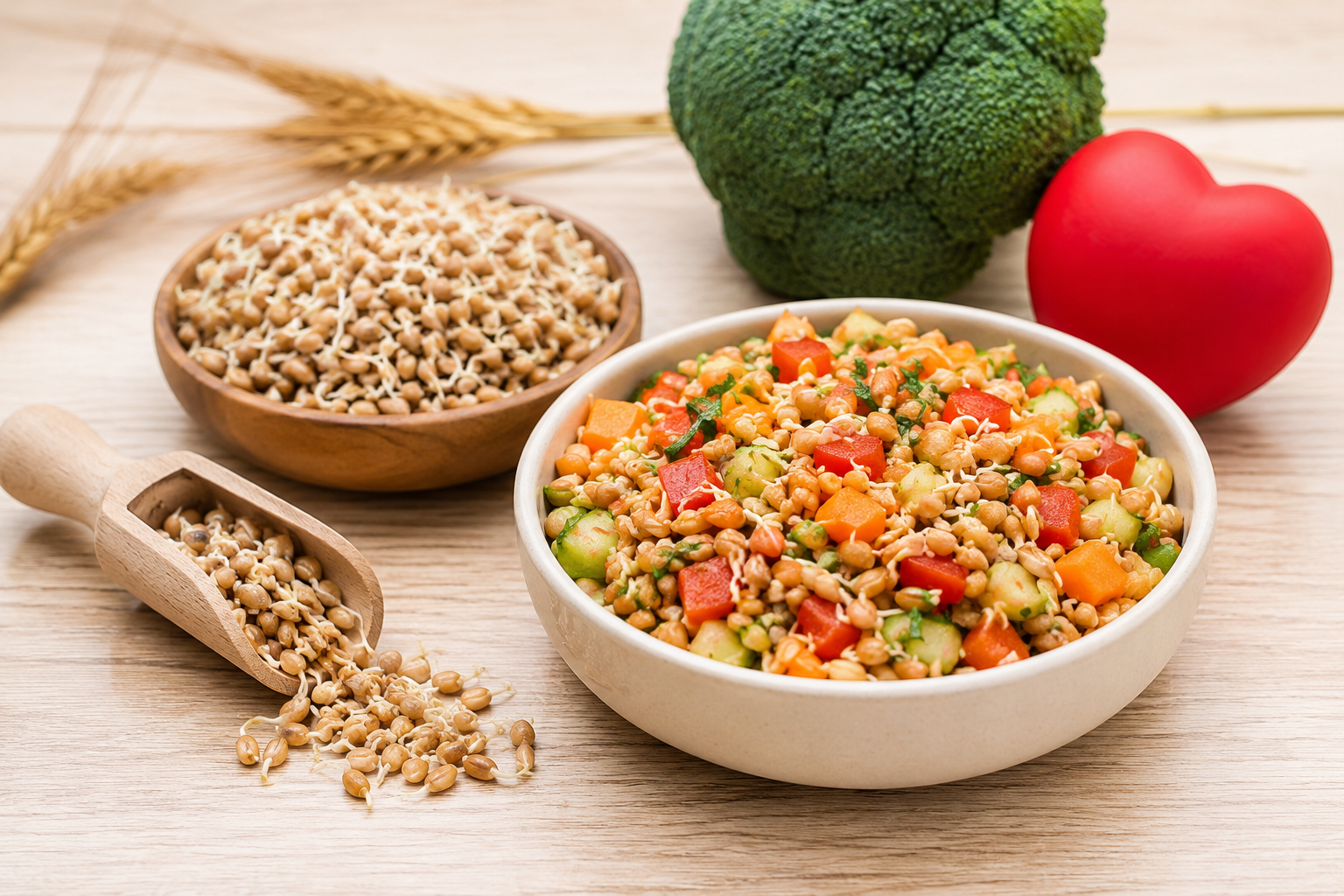 Sprouted grains salad with fresh vegetables served in a bowl on a wooden table, highlighting a nutritious and heart-healthy meal.