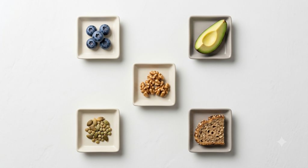 Flat lay of small ceramic dishes with avocado, seeds, and blueberries showing healthy fats and fiber sources.