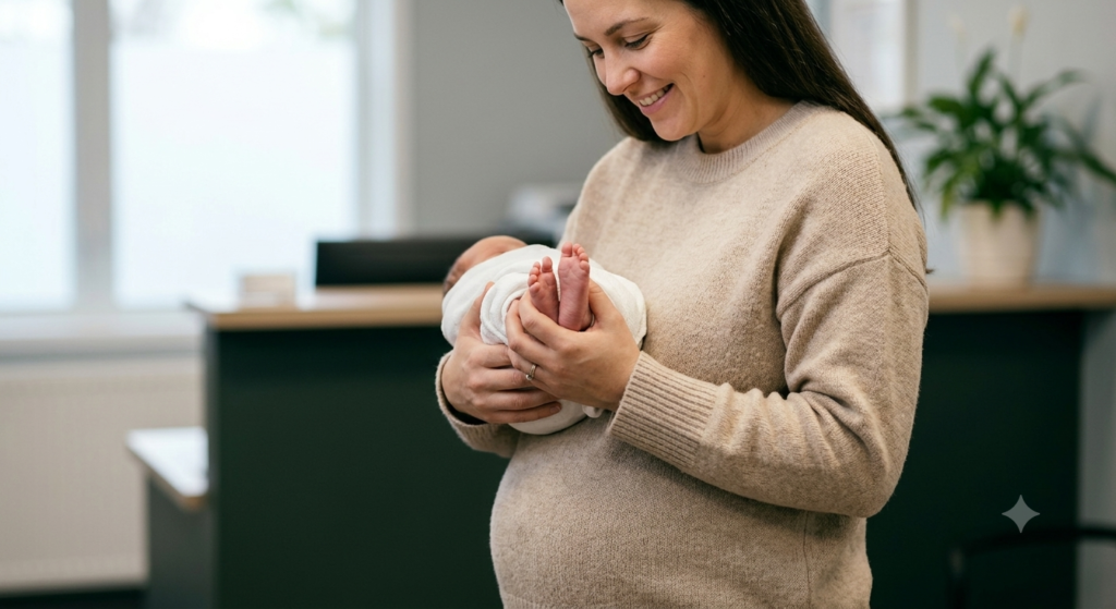 A doctor smiles while a mother holds her newborn, demonstrating how Medicaid Supports Women and families through consistent medical care and pediatric checkups during early parenthood.