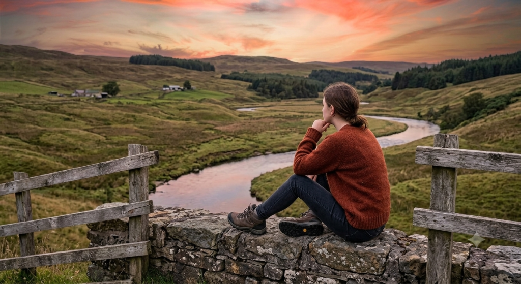 A young woman in a rust-colored sweater sits on a stone wall, looking out over a wide river and hills. The image reflects mental health for rural youth in a vast landscape.