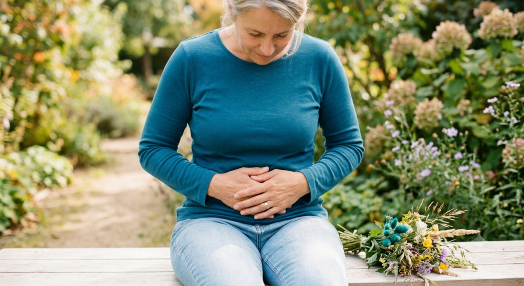 A mature woman on a garden bench holds her stomach. Represents ovarian cancer awareness through early symptom detection like bloating.