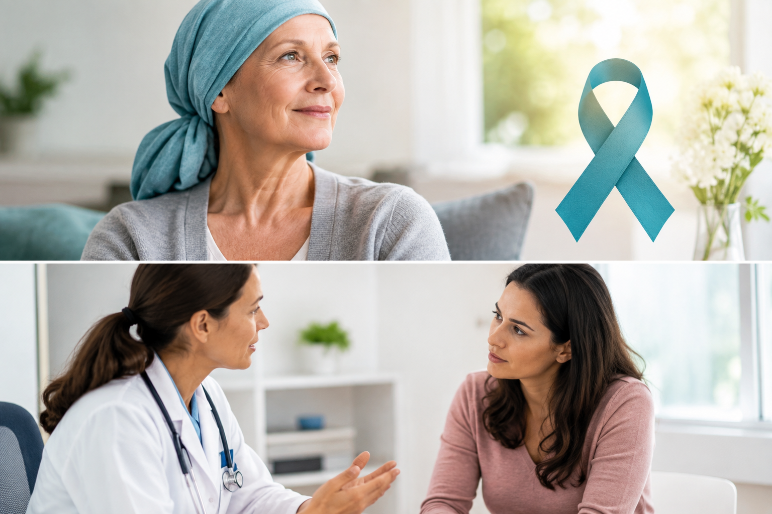 Split image for ovarian cancer awareness. Features a woman in a headscarf with a teal ribbon, and a patient consulting a doctor.