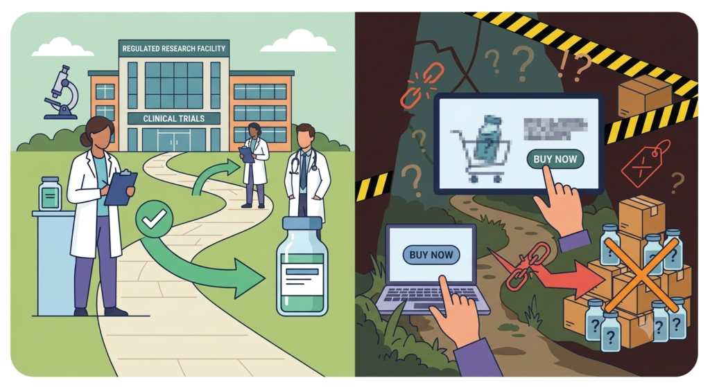 Authorized clinical research on retatrutide shows patient monitoring by a scientist, contrasted with an unverified online purchase, a question mark box, and a risky crossed-out vial.
