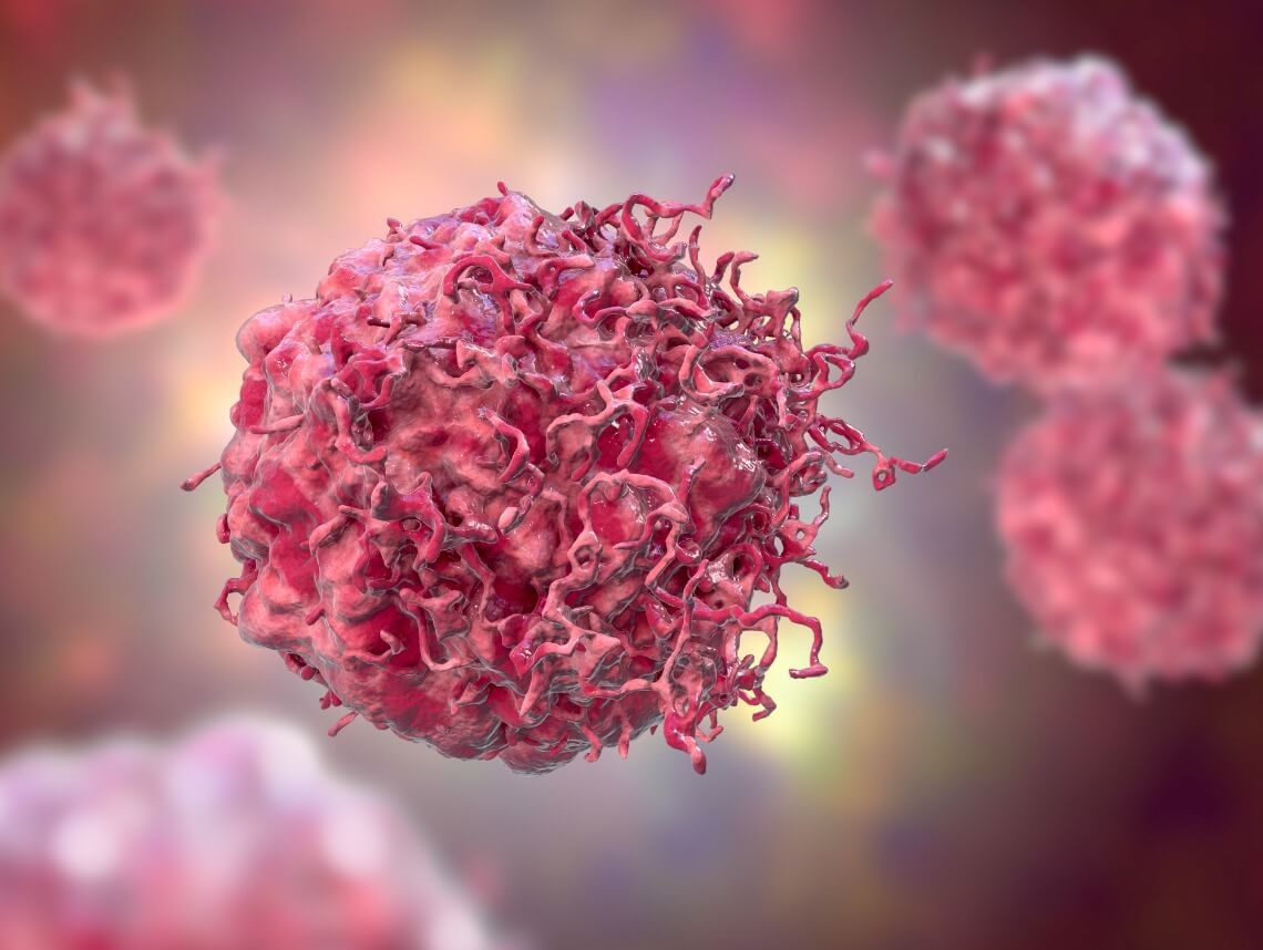 Detailed 3D microscopic view of a pink tumor cell representing target pathways in high-risk neuroblastoma care.