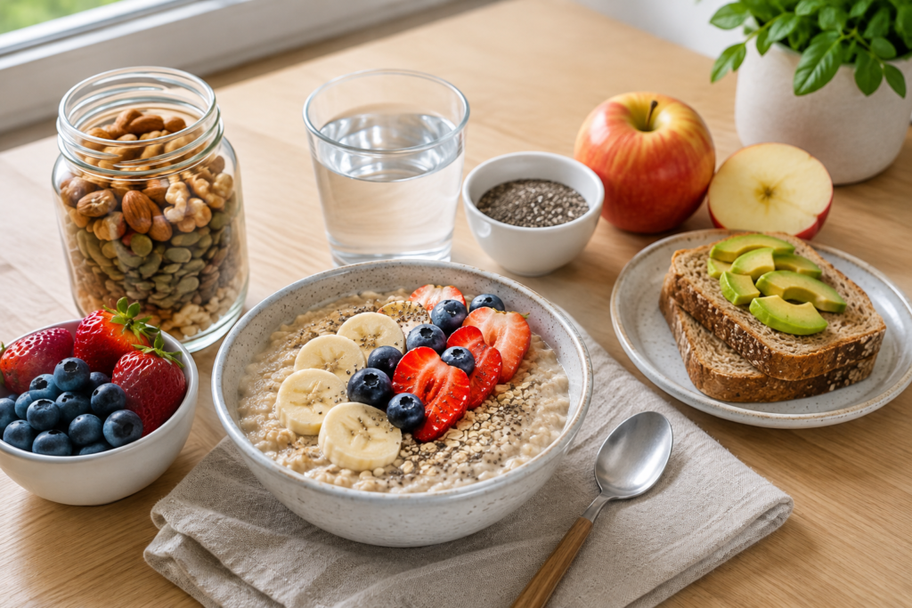 1. Fiber at breakfast with oatmeal topped with bananas, blueberries, strawberries, chia seeds, and nuts on a bright wooden table.
