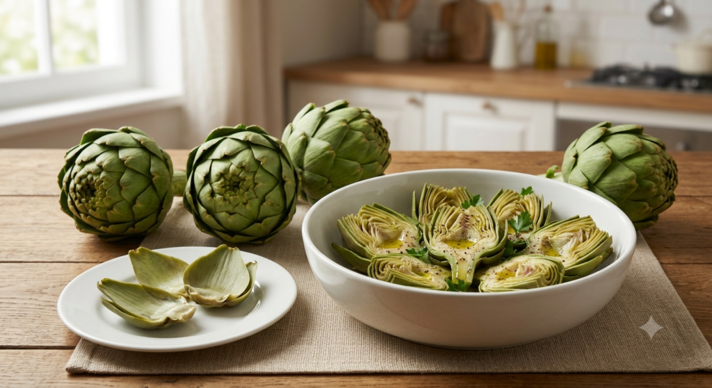 A bowl of seasoned artichoke halves with whole fresh artichokes, highlighting artichoke benefits for healthy eating.