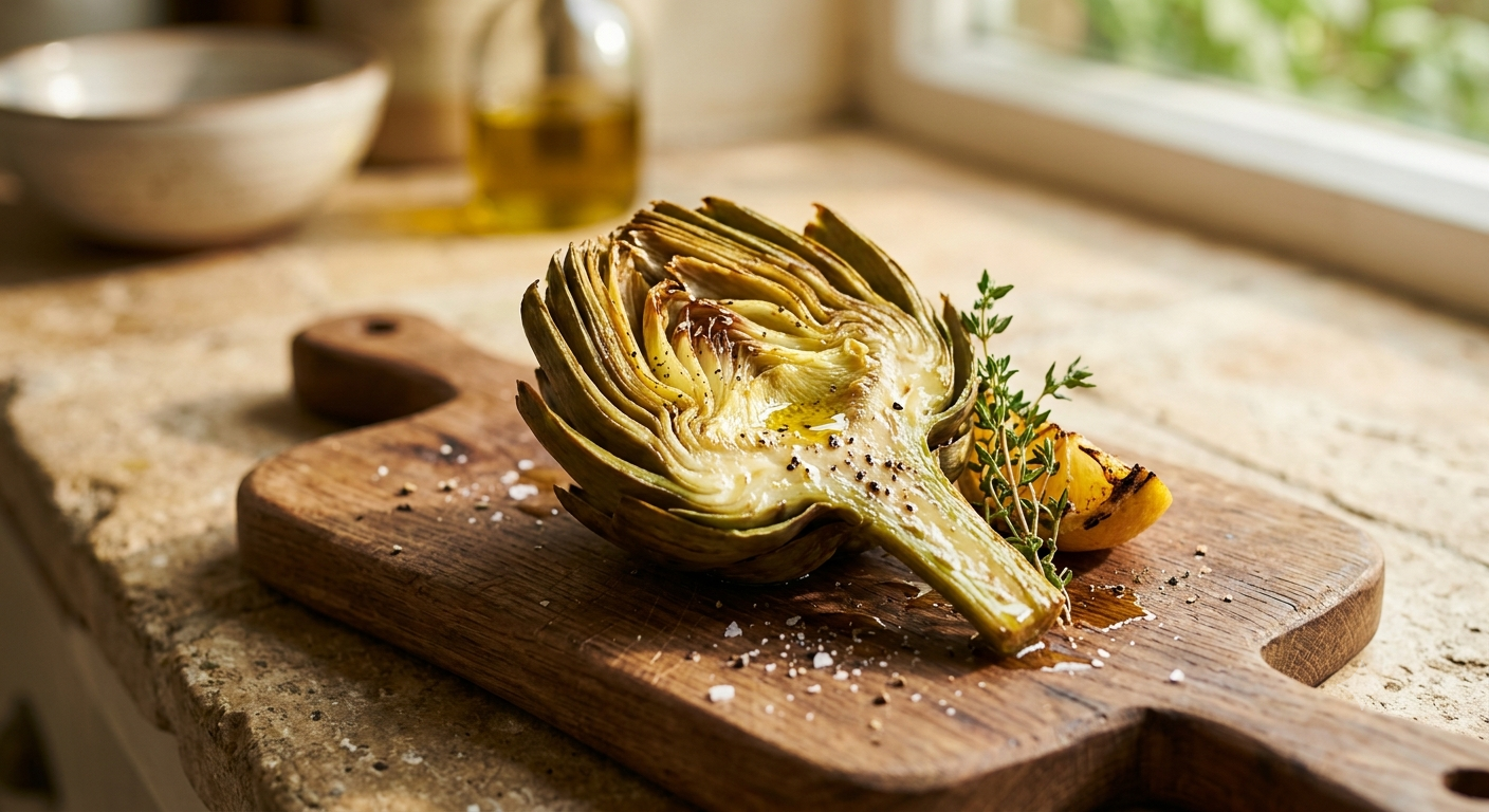 A roasted half artichoke with olive oil, herbs, and lemon on a wooden board, showcasing artichoke benefits for meals.