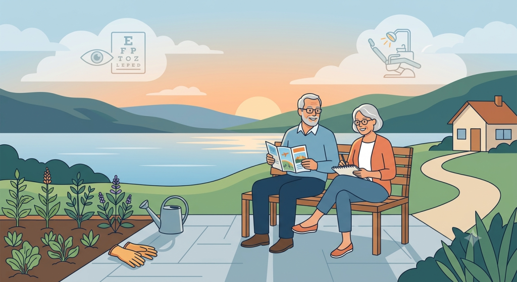 • An illustration of a retired couple on a porch, planning, with icons for dental and vision coverage in retirement.